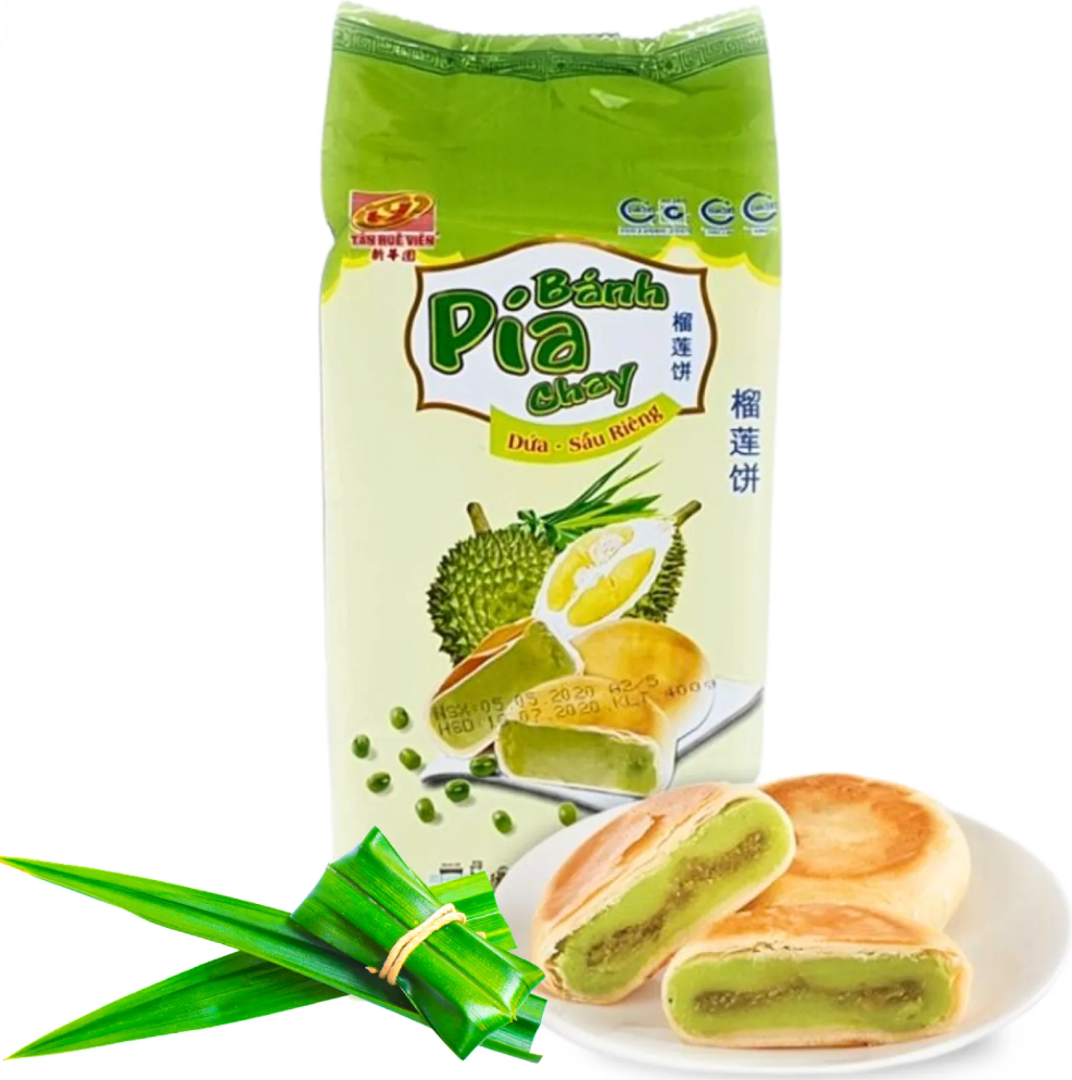 TAN HUE VIEN Pia Cake Durian Mung Bean Pandan - Banh Pia Sau Rieng La Dua 400G (Frozen)