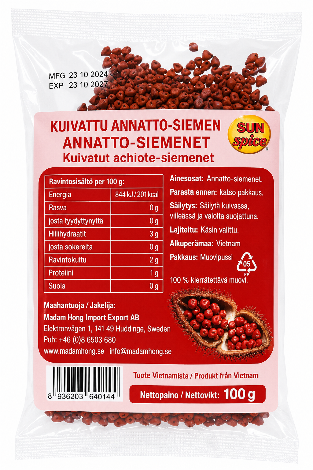 SUN SPICE Dried Annatto Seeds - Hat Mau Dieu 100G