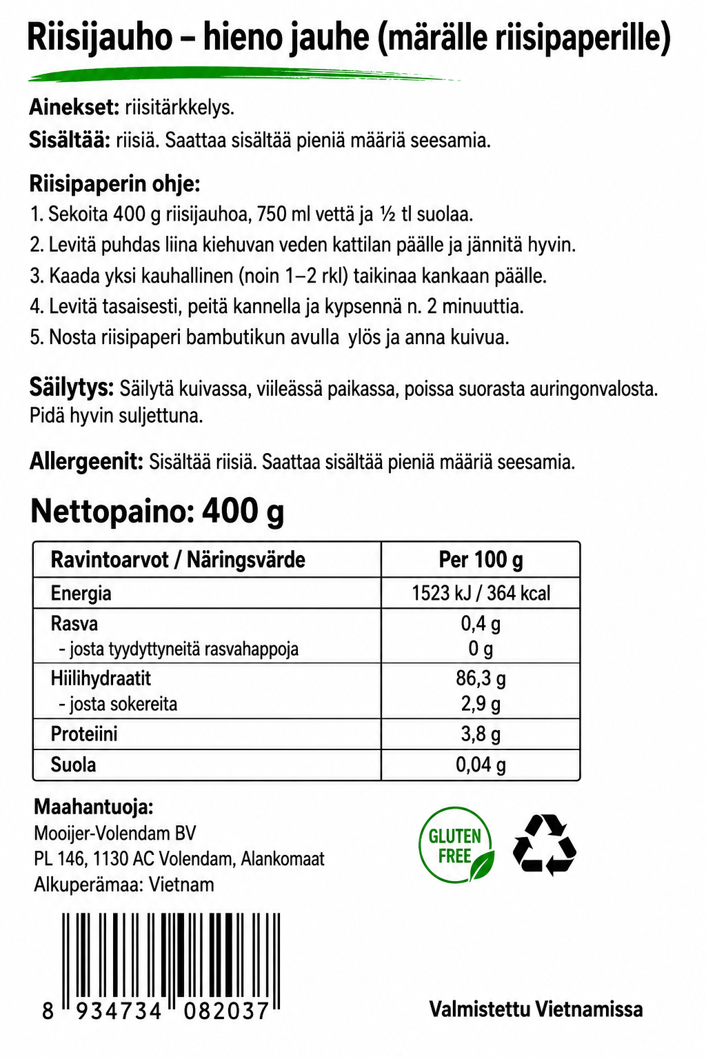 VINH THUAN Flour Wet Rice Paper Bot Banh Cuon 400G