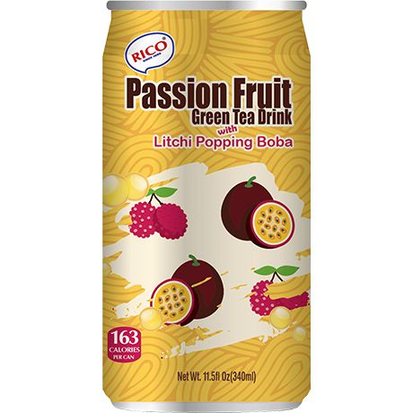 RICO Green Tea Drink Passion Fruit & Boba 340 Ml